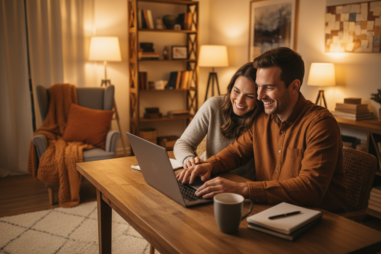 a couple using a computer smiling in a warm colored room